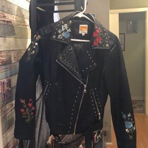 Faux embroidered moto jacket